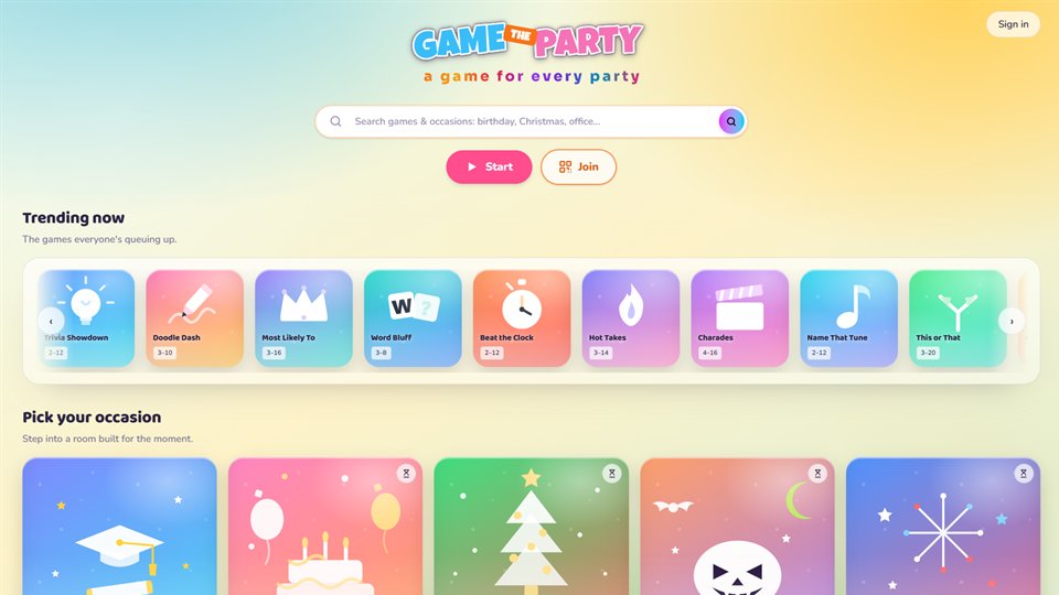 The GameTheParty home page, showing a search box, Start and Join buttons, and a row of trending party games.