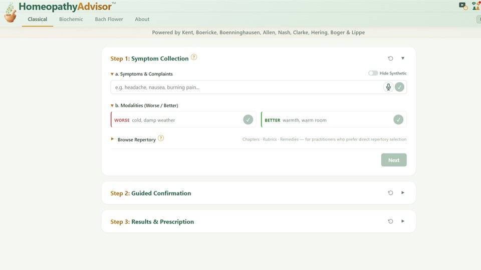 The Homeopathy Advisor interface, showing the symptom collection step with fields for complaints and for what makes them worse or better.